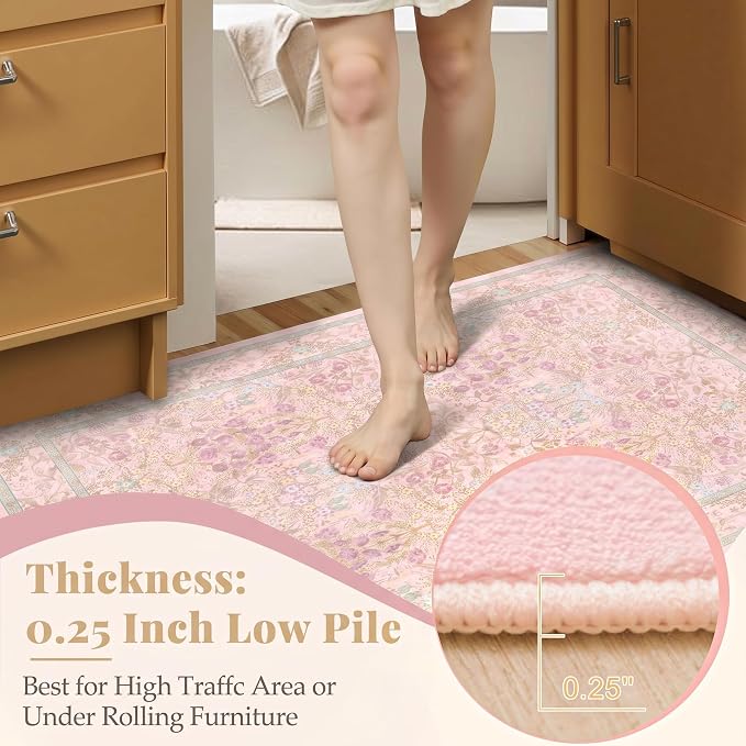 Lunasun Light Pink 6ft Round Rug for Living Room - Floral Circle Rug for Bedroom, Kids Room, Home Office, Washable Low Pile Non Slip, Pastel Green and Pink French Country Style Indoor Aesthetic Décor