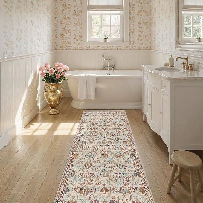 Beige Colorful 2x6 Runner Rug for Hallways Bed Side Kitchen, Boho Washable Low-Pile Floor Entryway Long Bathroom Mat, Non-Slip Laundry Room Washstand Front Carpet Green 24x72 Inch