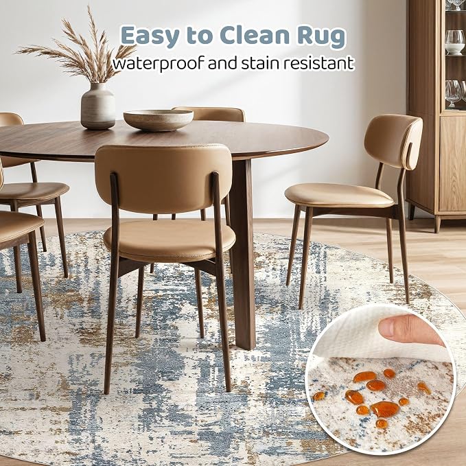 7ft Round Rug Living Room Rugs: 7x7 Washable Circle Large Abstract Modern Soft Stain Resistant Non Slip Indoor Floor Carpet for Bedroom Nursery Office Dining Room Dorm Home House- Tan Blue