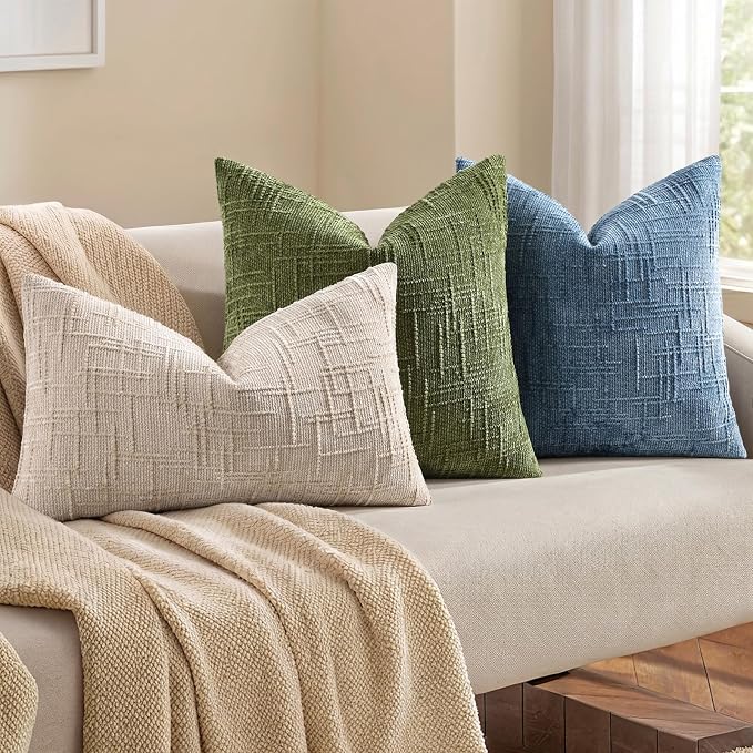 decorUhome Textured Chenille Throw Pillow Covers 16x16 Set of 2 Blue | Fall Modern Farmhouse Soft Cozy Slubby Couch Pillow Cases Boho Decorative Pillow Cases for Bed Sofa Living Room Home Decor