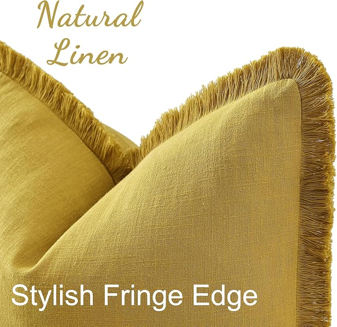 decorUhome Linen Fringe Mustard Yellow Throw Pillow Covers 16x16 Set of 2 | Decorative Soft Accent Modern Boho Farmhouse Cushion Covers with Tassels Cotton Pillow Covers for Couch Bed Sofa