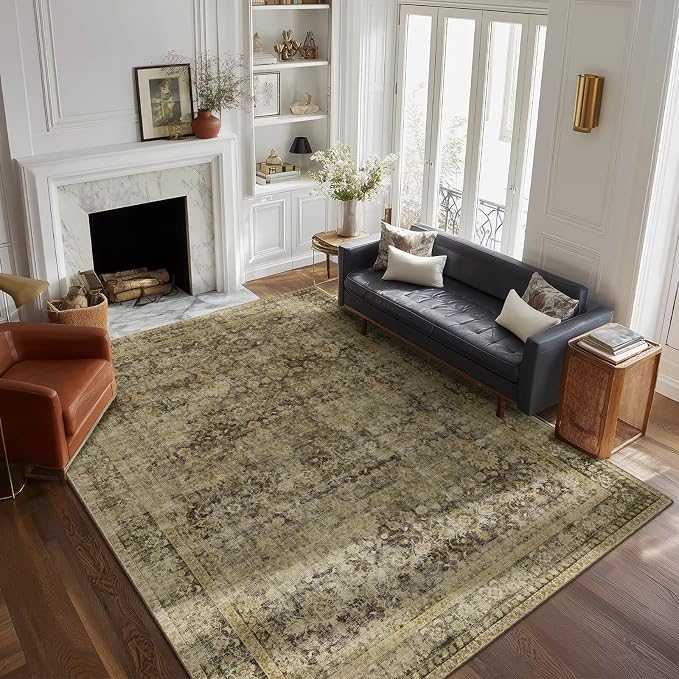 Boho Washable 6x9 Area Rugs for Living Room, Cushioned, Dark Green | Vintage Non-slip Neutral Oriental Rugs for Bedroom Dining Room Nursery Office High Traffic Area