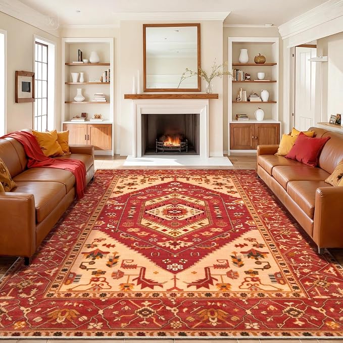 SERISSA 9x12 Area Rugs for Living Room, Large Washable Non-Slip Boho Rug, Ultra Soft Vintage Red Oriental Tribal Print Distressed Carpet for Dining Room Bedroom Dorm Office Home Decor