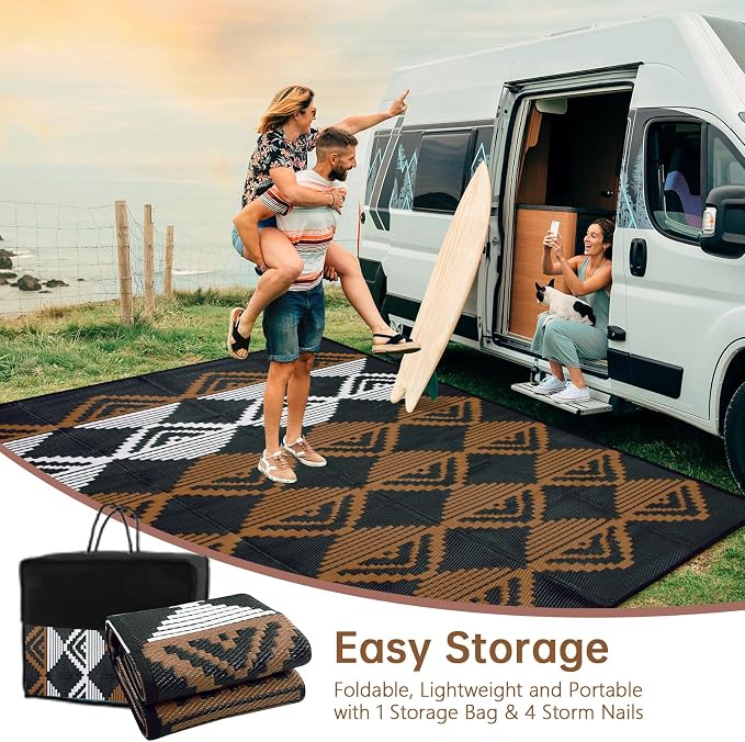 Beeiva Large Outdoor Rug 9x12 Waterproof for Patio, Reversible Plastic Straw Outdoor Rug for Backyard, Deck, Outdoor Furniture, Black Brown