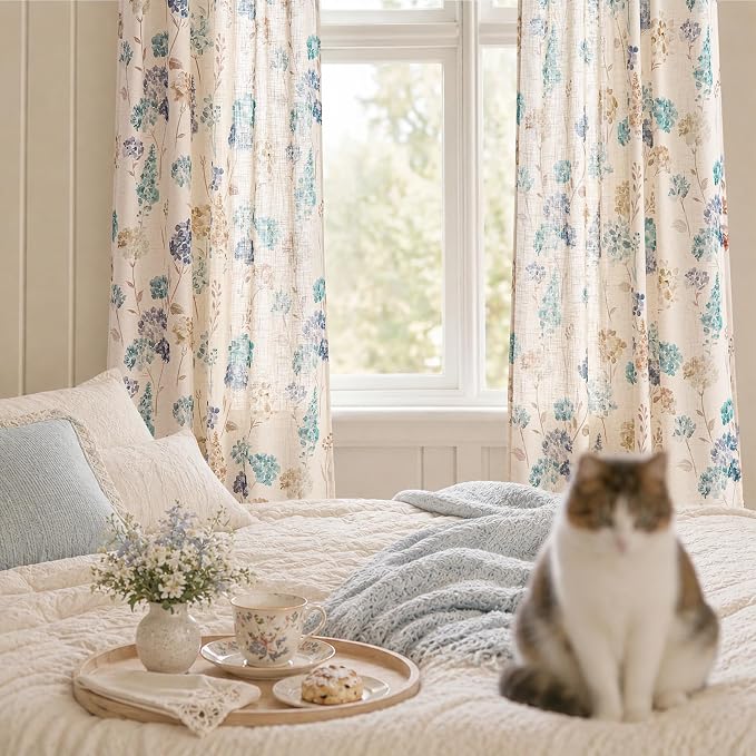 jinchan Floral Linen Curtains 84 Inch Vintage Cottagecore Back Tab 2 Panels | Light filtering drapes, semi sheer, farmhouse, botanical, watercolor, living room, bedroom, rod pocket, window treatment