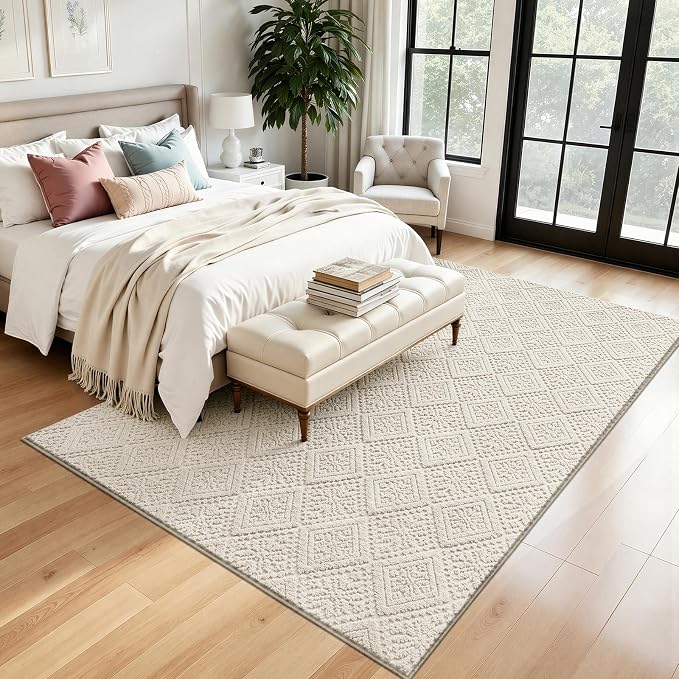 U'Artlines 5x7 Beige Washable Area Rug for Living Room, Soft Fluffy High Low Textured Carpet, Modern Neutral Geometric Non Slip Rugs for Bedroom Dining Room Kids Room