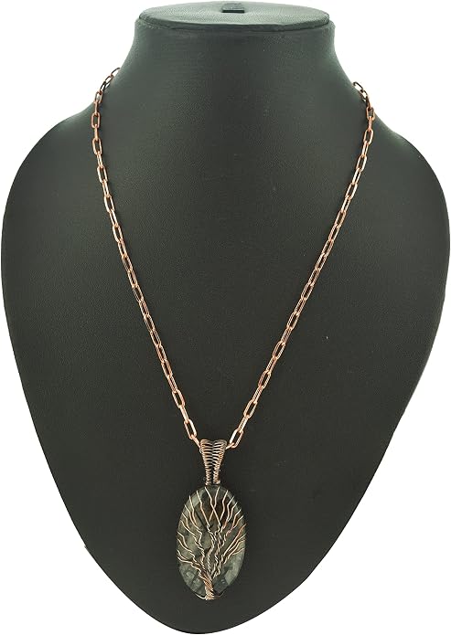 Tree Of Life Natural Gemstone Pendant Copper Wire Wrapped Jewelry Necklace