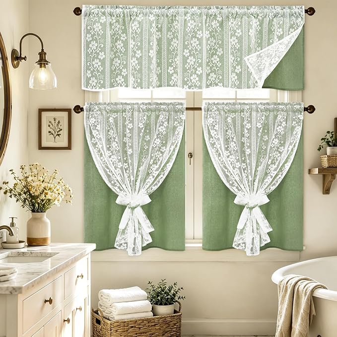 ASPMIZ Linen Valances for Windows Double Layer Valance Curtains with Lace Overlay, Sage Green Kitchen Curtains Light Filtering, Rod Pocket Window Valances for Living Room, Kitchen, Cafe, 52x18