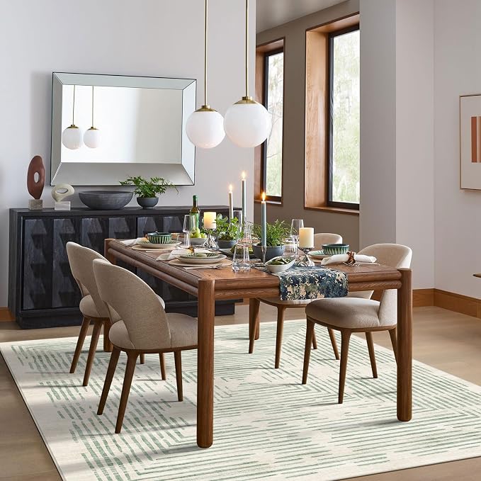 BLISSA Large Washable Area Rugs 9x12 - Soft Sage Green Lines Borderd Modern Abstract Rug for Living Room Ultra-Thin Geometric Striped Carpet for Bedroom Nursery Dining Room Office Home Decor