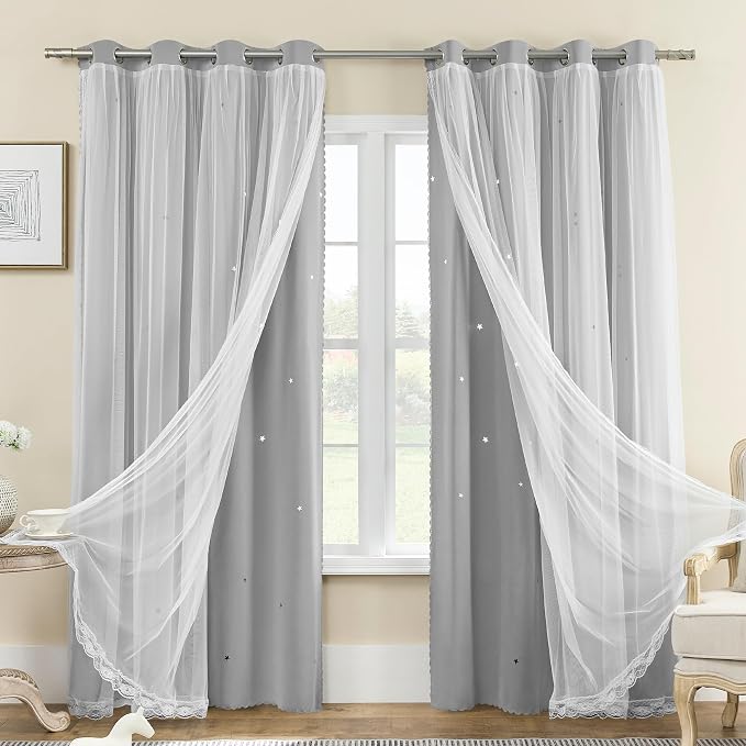XiDi Grey Blackout Curtains 2 Panels for Bedroom Girls Kids Baby Boys Window Curtain Double Layer Star Cut Out Aesthetic Living Room Decor Wall Home Decorations Curtain, Light Grey W52 x L72 Inches