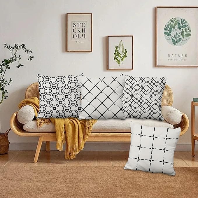 4 Pcs/Set Geometric Throw Pillow Covers Modern Geometric Lines Round Square Pattern Black White Minimalist Linen Cushion Case for Home Outdoor Couch Sofa Farmhouse Decor, 22"x22"