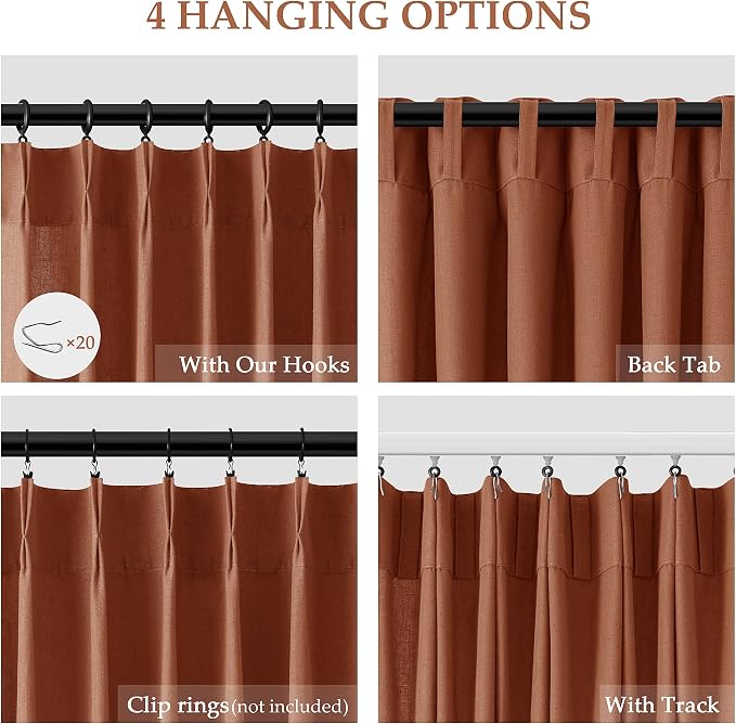 Aersas Terracotta Pinch Pleat Linen Curtains 102 Inch Length 2 Panels Set for Bedroom Dinging Room Semi Sheer Boho Farmhouse Neutral Window Curtains 102 Inches Long for Living Room Nursery 40x102