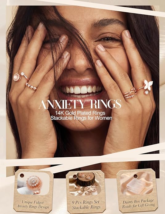 FIBO STEEL Fidget Anxiety Rings for Women - 8Pcs 14K Gold Plated Spinner Adjustable Rings Stress Relief Open Ring Stacks CZ Sun flower Butterfly Bead Evil Eye Non Tarnish Ring Set