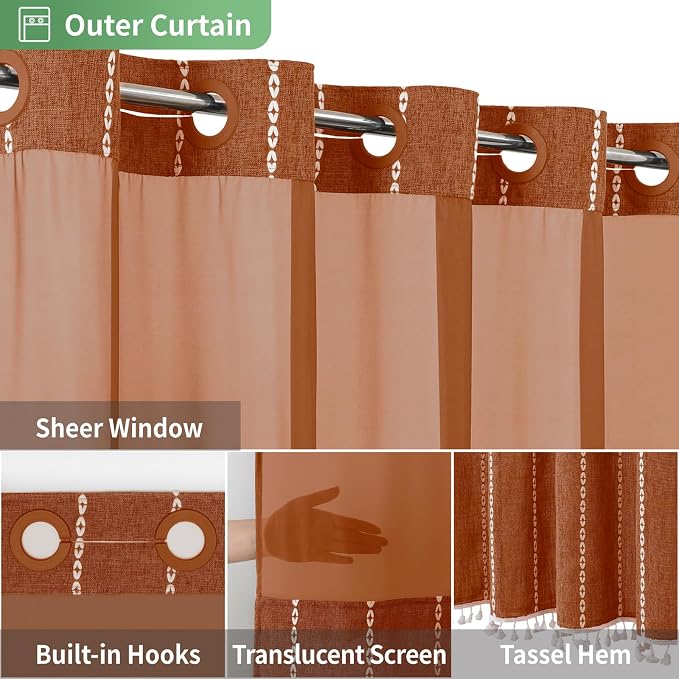 eachope No Hook Extra Long Shower Curtain Set with Snap-in Liner,Linen Textured Thick Striped Fabric with Tassels,Boho Chic Modern Farmhouse Bathroom Curtain,Water-Repellent,Orange,71x86