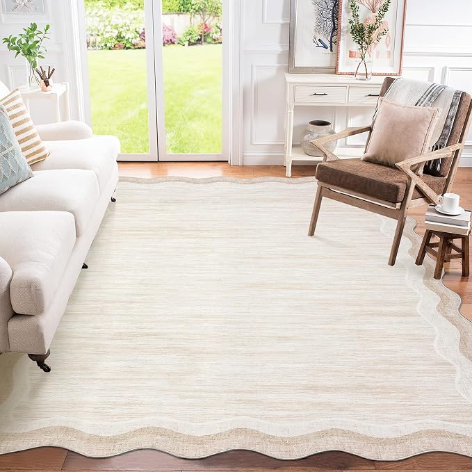 Garvee Scalloped 8x10 Rugs Washable Area Rugs for Living Room,Modern Stain Resistant Solid Rug for Bedroom, Scalloped Low Pile Non-Slip Neutral Rug for Farmhouse Dining Room Home Office Dorm,Cream | Rugs for Living Room, Non-Slip Soft Carpet for Bedroo...