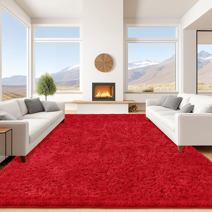 9x12 Red Fluffy Shag Area Rugs for Living Room Bedroom Girls Kids | Ultra Soft Comfy, Large Fuzzy Shaggy Plush Carpet for Nursery, Modern Indoor Home Decor, Upgrade Non-Slip