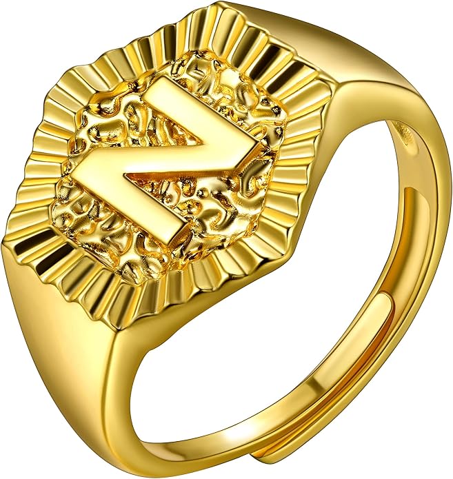 U7 Initial Ring Wedding Band for Men Women 18K Gold Plated Statement Hexagon A-Z Letter Jewelry Personalized Stackable Signet Rings