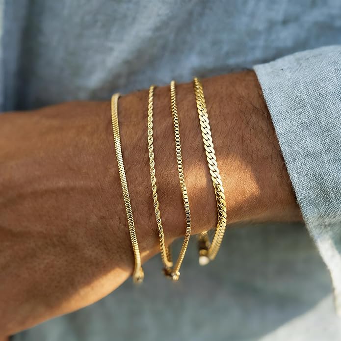 Gold Bracelets for Men Trendy - Dainty Gold Plated Stainless Steel Snake Link Bracelet Stack Rope Figaro Herringbone Chain Bracelets Set Adjustable Cuban Link Bracelet for Men Birthday Gifts for Man