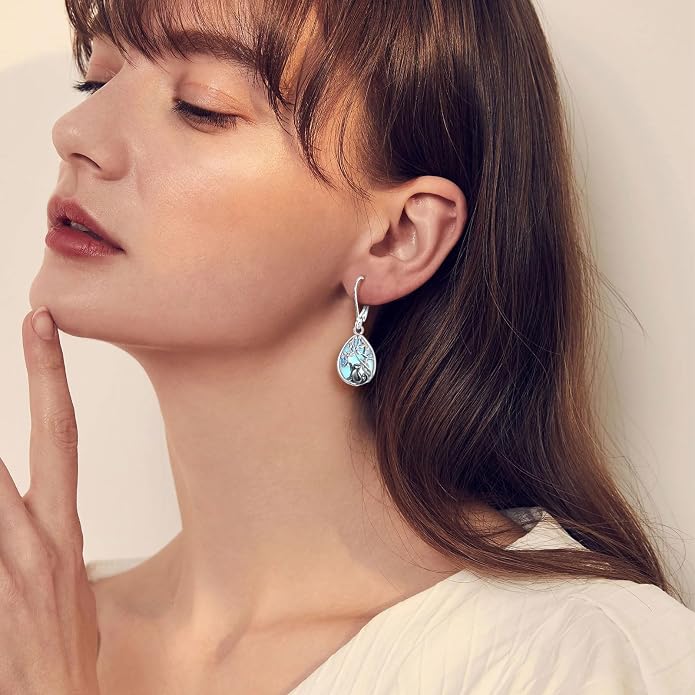 Vito 925 Sterling Silver Teardrop Earrings for Women, Moonstone Turquoise Drop Dangle Earrings Cat Snake Turtle Tree of Life Leverback Earrings Boho Jewelry Gift for Mom Wife