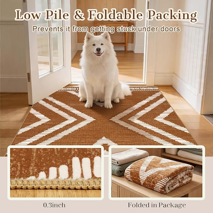 3x16ft Boho Hallway Runner Rugs Washable Non Slip, Long Brown Entryway Rug Runners Non Shedding, Geometric Kitchen Floor Carpets for Doorway Entrance Farmhouse Living Room Home Decor