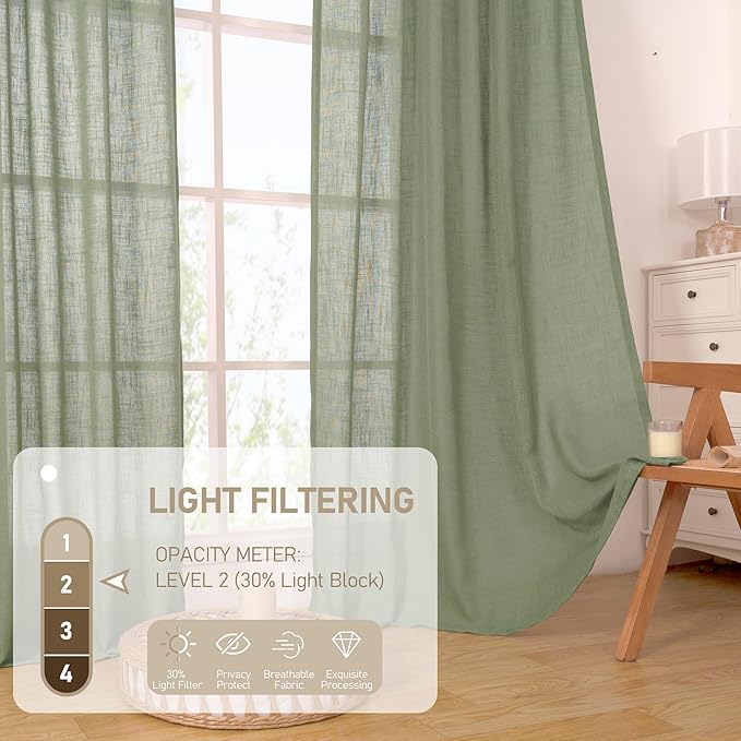 LAMIT Sage Green Semi Sheer Linen Curtains 60 Inch, Light Filtering Neutral Window Panels Farmhouse Boho Back Tab and Rod Pocket Drapes for Bedroom, 2 Panels, 52 x 60 Inch
