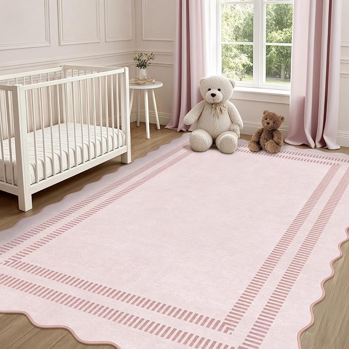 Pink Rugs for Bedroom Girls, 6x9 Washable Non Slip Area Rugs for Living Room, Soft Vintage Ultra-Thin Scalloped Carpet for Nursery Dorm Home Decor