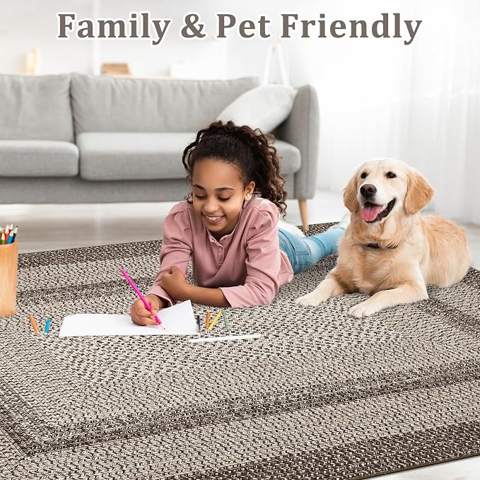 RUGSREAL Entryway Rug 2x3 Small Bedside Throw Mat with Rubber Backing Machine Washable Living Room Rug Non Slip Bathroom Mat Stain Resistant Braided Print Carpet for Dining Room Kitchen Hallway, Mocha