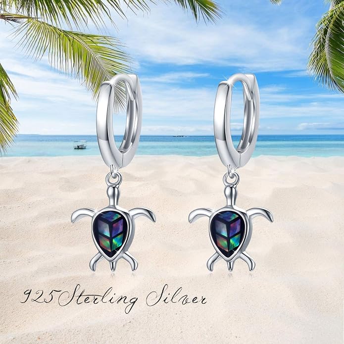 Sea Turtle Earrings,Sterling Silver Hawaiian Beach Themed Stud Earrings Tortoise Animals Drop Dangle Blue Opal Ocean Tarnish Resistant Jewelry Gifts for Women Girlfriend Mom Mother Sister