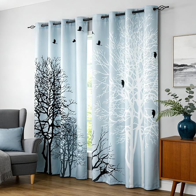 SUBRTEX Boho Leaf Printed Curtains 95 inch Long 2 Panels, Room Darkening Vibrant Floral Drapes, 50% Blackout Light Flitering Semi Sheer Farmhouse Curtains for Living Room, 52Wx95L, Light Blue Leaf