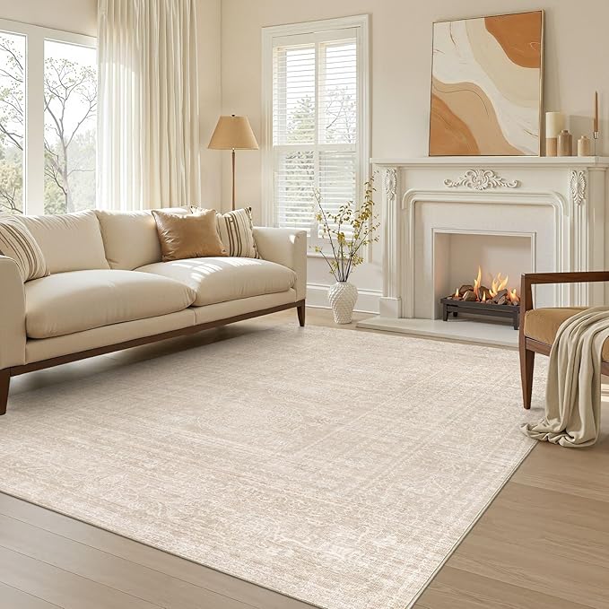 Nakagishi 6x8 Area Rugs Living Room: Washable Large Vintage Rug Neutral Non-Slip Soft Stain Resistant Indoor Carpet for Bedroom Nursery Dining Room Office Playroom - Beige