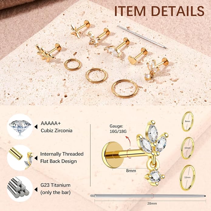 G23 Titanium 10Pcs 16G/18G Stud Earrings Flat Back Tragus Cartilage Earrings Rings Hoops CZ Butterfly Flower Leafage Heart Stud Labret Conch Helix Piercing Jewelry Set