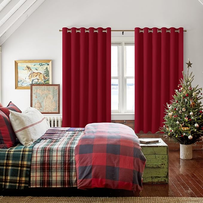 Hiasan Grommet Blackout Curtains for Bedroom, 70 x 63 Inches - Thermal Insulated & Light Blocking Window Drapes for Living Room/Dorm Room, Set of 2 Panels Sewn with Tiebacks, Christmas Red