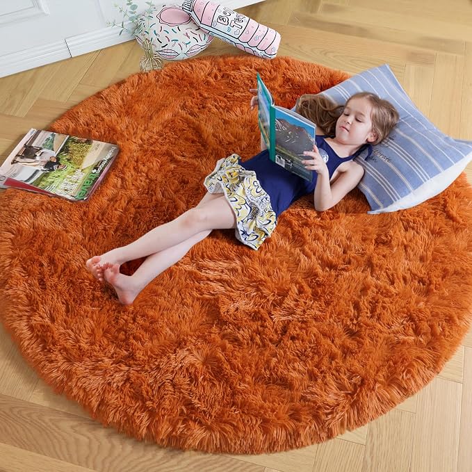 Amdrebio Burnt Orange Large Round Rugs 7Ft for Living Room Bedroom, Shaggy Plush Fuzzy Furry Circle Area Rugs for Kids Room Decor Aesthetic, Fluffy Shag Dark Orange Carpet for Nursery Dorm Classroom