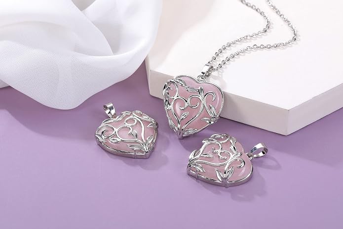 Jovivi Amethyst Rose Quartz Healing Crystal Necklace for Women Flower Leaf Wire Wrapped Crystal Heart Gemstone Pendant Necklace Natural Stone Reiki Quartz Jewelry Mothers Day Gifts