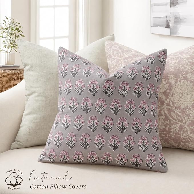 Farmhouse Floral Pillow Covers 20x20 Set of 2, Country Botanical Throw Pillow Cover for Sofa Couch Bed Living Room, Earthic Vintage Flower Cushion Covers Cottage Home Decor,Dusty Rose