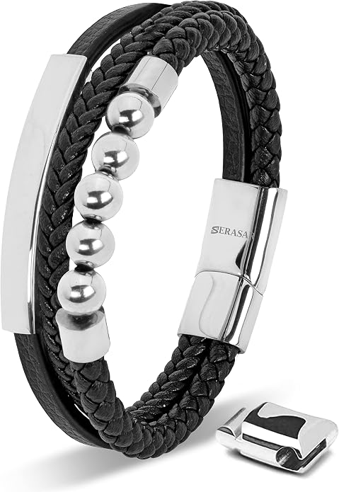 SERASAR Premium Leather Bracelet Men | Stainless Steel Magnetic Clasp | Three Colors | Jewelry Box Included