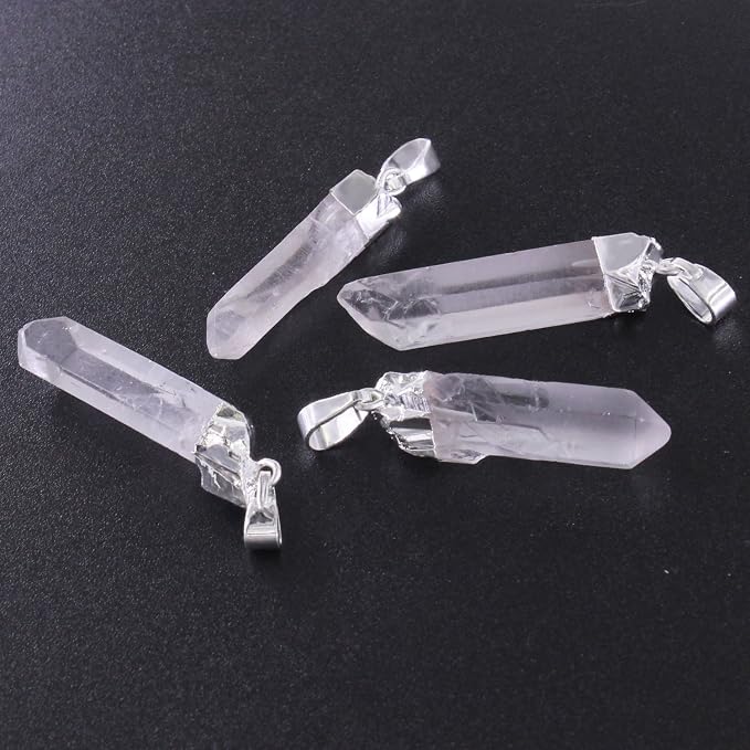 Wholesale 4 PCS Raw Clear Quartz Crystal Charm Natural Stone Pendant Chakra Healing Point Reiki Charm Bulk for Jewelry Making (Silver)