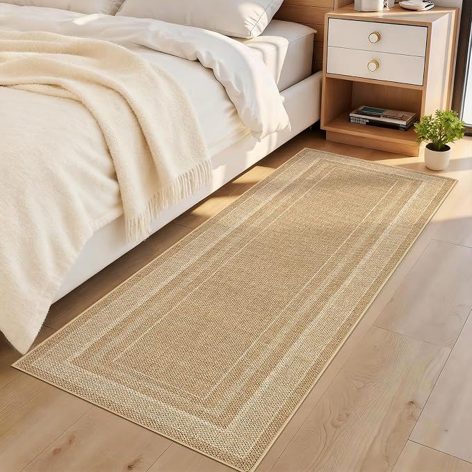 GarveeHome 2x6 Runner Rug for Hallway Modern Solid Washable Kitchen Rugs | Non Slip Modern Neutral Bordered Stain Resistant Indoor Throw Carpet for Nursery Kitchen Dining Room Entryway, Jute