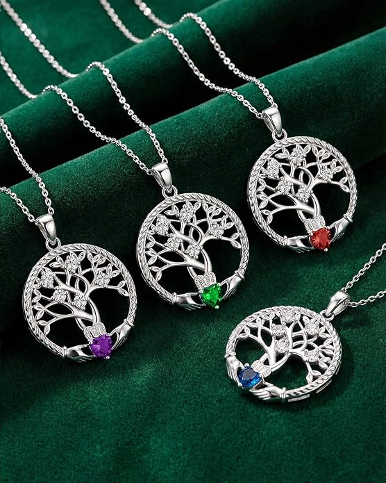 Birthstone Tree of Life Necklace for Women, 925 Sterling Silver Family Tree Pendant, Dainty Jewelry Birthday Mother's Day Valentine's Day Gifts for Her Mom Wife, 18"+2" Adjustable