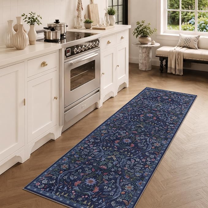 2x6 Washable Runner Rug,Blue Floral Long Rugs for Hallway, Soft Low-Pile Non-Slip Stain Resistant Carpet for Kitchen,Bedside,Laundry Room,Entryway