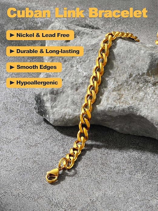 U7 Link Bracelets for Men, Cuban Link/Rope/Watch Band Solid Bracelet, Silver Black Gold Color Wrist Bracelet 3/6/9/12/15mm Width, 6.5/7.5/8.3 Inch Length, Hand Chain Jewelry for Mens Women