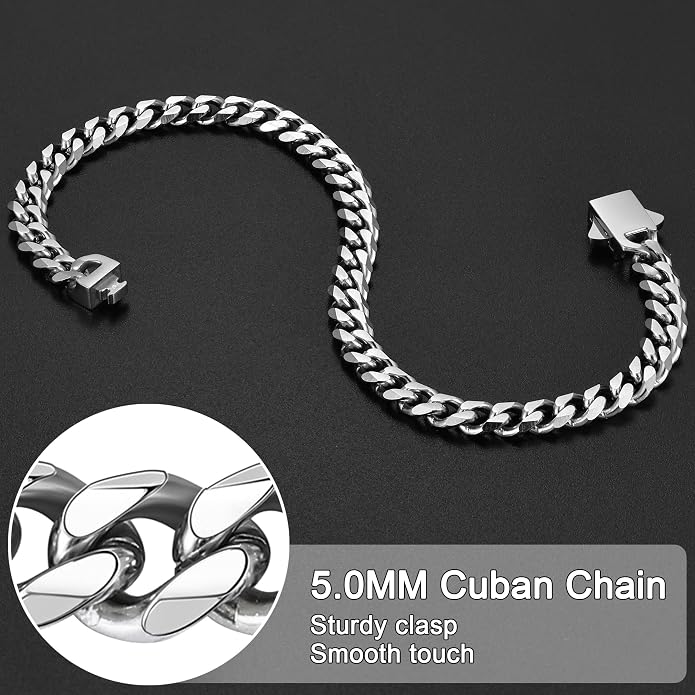 Fiusem Mens Silver Colored Bracelets for Men, Stainless Steel Cuban link Bracelet, 5mm/7mm/8mm Width, 7.1"/7.5"/7.9" Length Jewelry