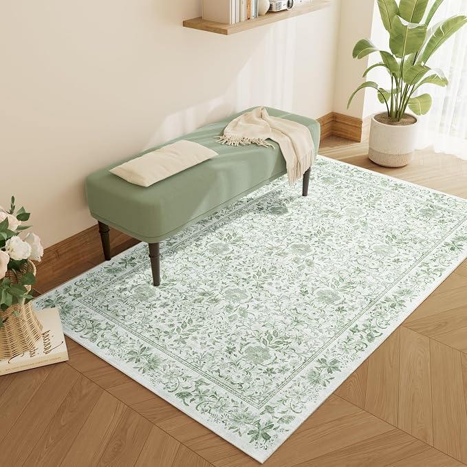 DUKINO 3x5 Rug Washable Vintage Floral Bedroom Area Rug Non Slip Sage Green | Low Pile, Non-Shedding, Aesthetic Lightweight Soft Indoor Small Carpet for Bathroom Entryway Living Room Office Farmhouse