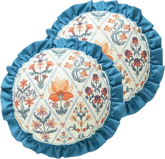 ISAENNE Linen Round Throw Pillow Cover,Set of 2,Diameter 16"-Floralsea A | Designer French Elegant Pillow Cover,Concealed Zipper Design,Sofa,Bedroom,Living Room,Lounge Chairs,All Season Home Decor