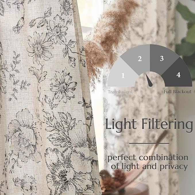 jinchan Black Floral Linen Curtains Lined 90 Inch Vintage Back Tab 2 Panels | Privacy lining, light filtering drapes, vintage, cottagecore, french country, rustic, bedroom, living room, window treatment
