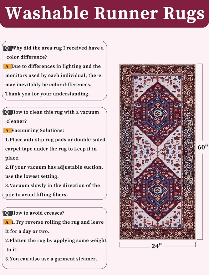 SERISSA Boho Washable Runner Rug, 2x5 Rug Runner Non-Slip Vintage Burgundy Navy Hallway Kitchen Runner Rug Ultra Soft Print Distressed Floor Carpet Runner for Bedroom Bathroom Laundry Living Room