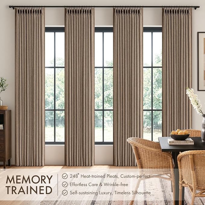 MIULEE 4 Panels Set Pinch Pleated Linen Curtains 84 Inches Long for Living Room Bedroom, Thick Linen Memory Trained Drapes Pleat Back Tab Light Filtering Linen Brown Window Curtains with Hooks
