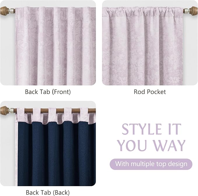 Beauoop Purple Floral Jacquard Blackout Curtains for Bedroom 52x96 2 Panels | Flower Chenille Room Darkening Drapes for Living Room 96 Inch Long Thermal Insulated Soundproof Window treatment Rod Pocket