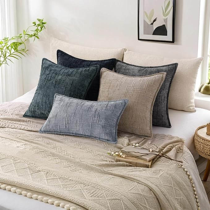 decorUhome Chenille Throw Pillow Covers 20x20 Set of 2,Dark Teal | Soft Texture, Slubby Modern Design, Flange Edges, Cozy Accent Pillow Covers for Couch, Sofa, Bed, Living Room