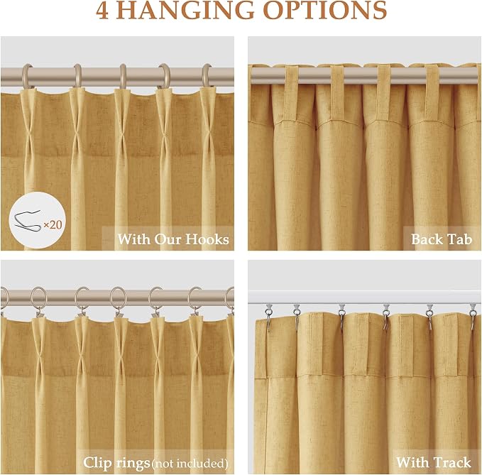 Aersas Gold Yellow Pinch Pleated Linen Curtains 96 Inch Length 2 Panels for Living Room Bedroom Semi Sheer Window Curtain Boho Neutral Back Tab Pinch Pleat Drape with Hooks 40x96